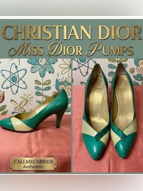 🛍️ Dior (from 1953-63) Authentic Emerald Green, Cream & Gold Color-block Pumps